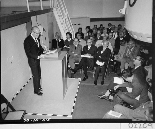 Raymond L. Bisplinghoff addressing guests at the dedication of the 60-inch telescope, Palomar Observatory