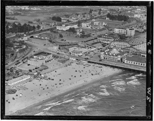 Aerial detail of Santa Monica Pier and beach north of pier