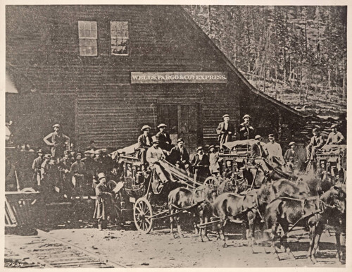 Wells Fargo & Co. Express office and stagecoach, ca. 1868