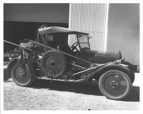 Car with trailer carrying wood pole, Mount Wilson Observatory