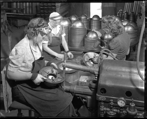 Women manufacturing helmets, B.F. McDonald Co., 1248 South Hope, Los Angeles. 1942