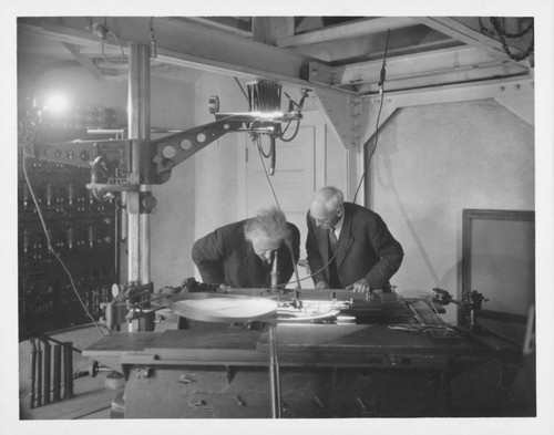 Albert Einstein and Charles St. John at the focus of the 150-foot tower telescope, Mount Wilson Observatory