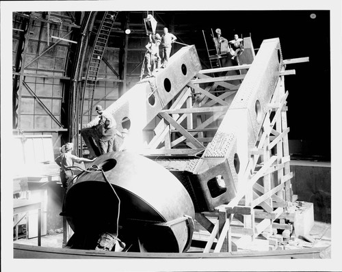 West portion of the fork for the Hooker telescope being swung into place, Mount Wilson Observatory