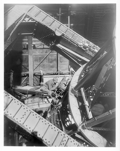 View of Francis G. Pease at the Hooker 100-inch telescope, Mount Wilson Observatory