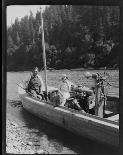 Pete Williams (Yurok) and Grace Nicholson in boat, at Requa