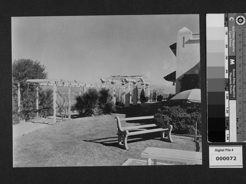 View of exterior yard of Milflores, Spanish-style home of Harrison Gray Otis