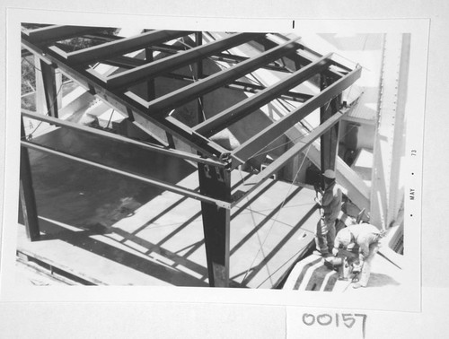 Construction and framing of a computer room addition at the base of the 150-foot tower telescope, Mount Wilson Observatory