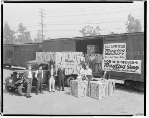 Delivery of washers for the H.B. Woods Maytag Shop, 26 North Raymond, Pasadena. 1935