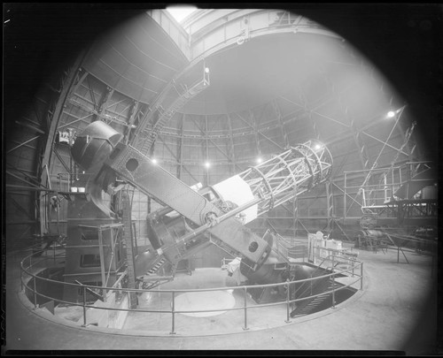 The 100-inch telescope, its tube 20 degrees from horizontal, pointing south, Mount Wilson Observatory