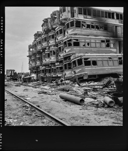 Pacific Electric Railway cars in junkyard, Terminal Island