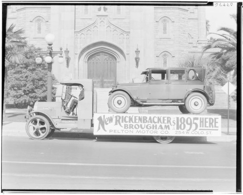 Truck carrying Rickenbacker Brougham going down Colorado Street, Pasadena. 1924