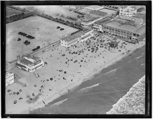 Aerial detail of Ocean Park Strand, Crystal Beach and Rendezvous Ballroom, Santa Monica, California