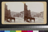 View of Acoma Pueblo, with horses and people among the buildings