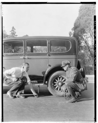 "Showing brake efficiency of new Reo", 300 South Fair Oaks, Pasadena. 1927