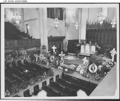 Harry Chandler's funeral - side balcony view of coffin and altar