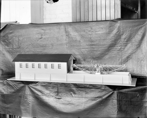 Model of the 50-foot interferometer, and building, at Mount Wilson Observatory