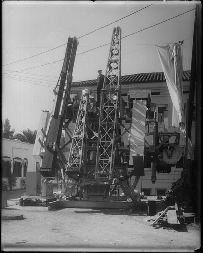 50-foot interferometer mount, with cameras, in front of Mount Wilson Observatory's machine shop, Pasadena