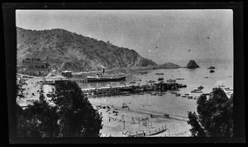 View of Avalon Bay with boats and dock, Catalina Island