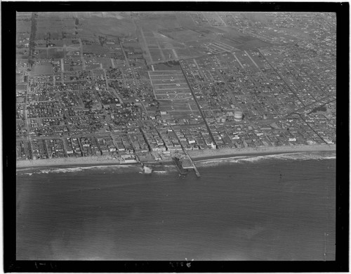 Aerial view of remains of Pickering and Lick Piers in Ocean Park, Santa Monica, California