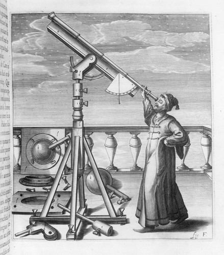 Photograph of an engraved illustration of an astronomer using a telescope; taken from an early Latin book