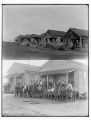 House construction ; group in front of eatery, Merced Falls, Merced County