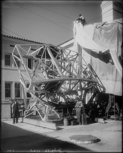 50-foot interferometer mount in front of Mount Wilson Observatory's machine shop, Pasadena