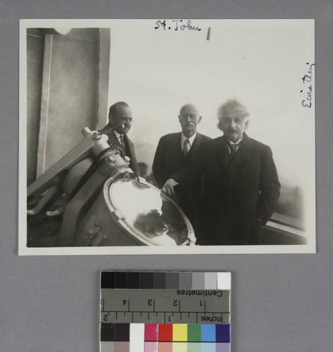 Albert Einstein, Walter Mayer and Charles E. St. John at the 150-foot solar tower telescope, Mount Wilson Observatory