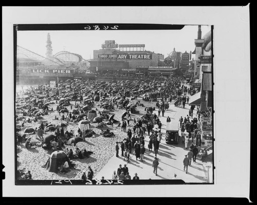 Crowds at beach, Lick Pier and Ocean Park Pier, Venice and Santa Monica