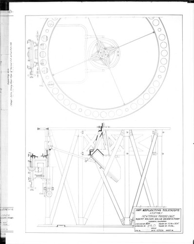 Engineering drawing showing assembly of the Newtonian mirror mount and cage for the 100-inch Hooker reflecting telescope, at Mount Wilson Observatory