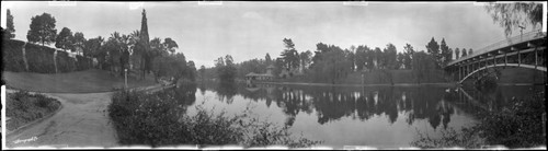 Bridge, lake, and boathouse, Hollenbeck Park, Los Angeles. December 1, 1922
