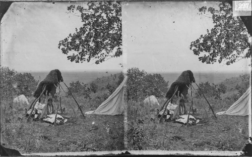 Minnehaha (Cheyenne) in open summer lodge, making bead work