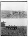 Group of railroad workers ; four horses harrowing a field
