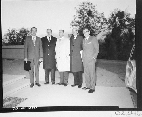 Five men posed outside Palmoar Observatory for the dedication of the 60-inch telescope
