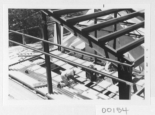 Construction and framing of a computer room addition at the base of the 150-foot tower telescope, Mount Wilson Observatory