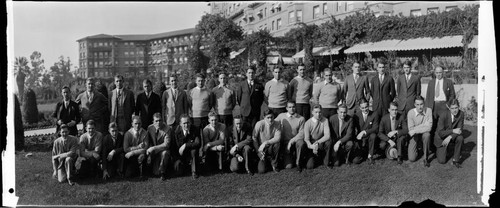 Group portrait of men at the Huntington Hotel, Oak Knoll and Wentworth, Pasadena