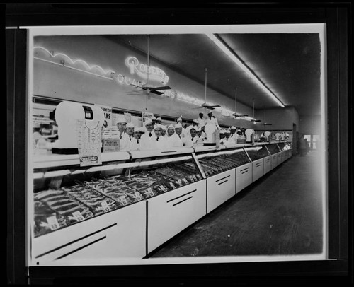 Meat counter and butchers at Roberts Market, West Los Angeles