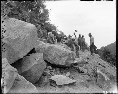 Construction workers working on a rockslide, Mount Wilson