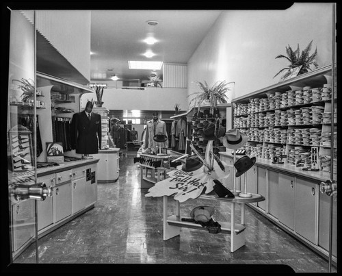 Interior view of men's store with merchandise, Corrine Griffith Shop, Beverly Hills