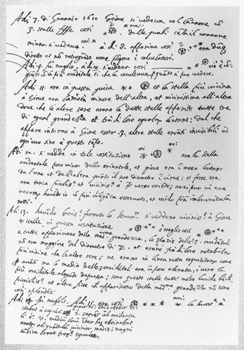 Photograph of Galileo Galilei's manuscript notes on the discovery of Jupiter's moons