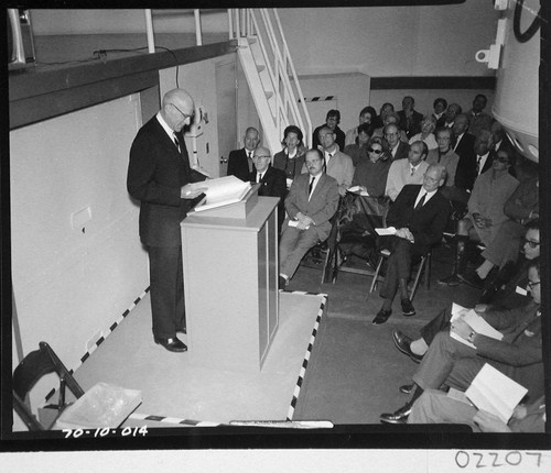 Oscar G. Mayer, Jr., addressing guests at the dedication of the 60-inch telescope, Palomar Observatory