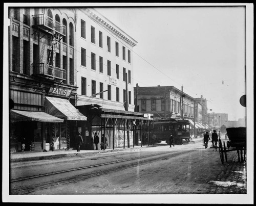 Pacific Electric Railway streetcar on unidentified street, Los Angeles