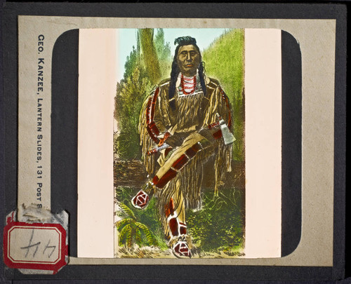 Artwork of Indian man holding a tomahawk