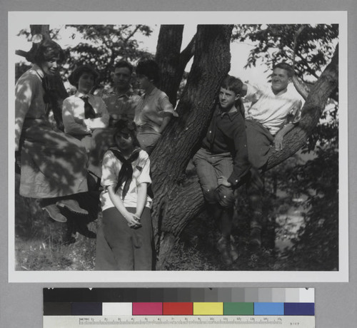 Edwin Powell Hubble and six unidentified companions (four young women and two teenage boys) posed in a tree