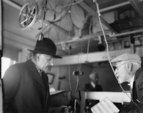 Albert Einstein and Ferdinand Ellerman at the focus of the 150-foot tower telescope, Mount Wilson Observatory