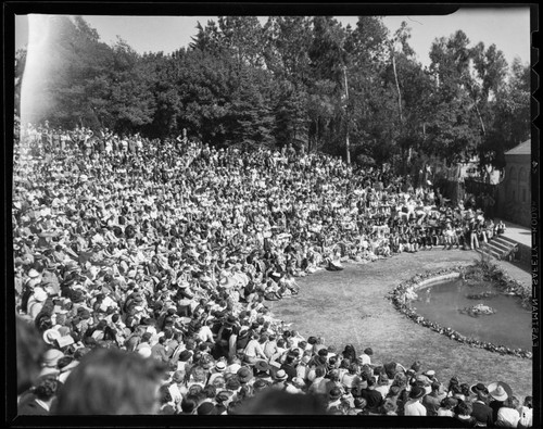 Audience attending play in the amphitheater at Santa Monica High School Fiesta