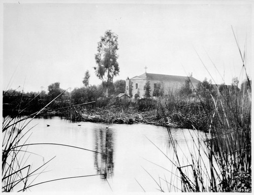 Mission San Gabriel from pond at East end