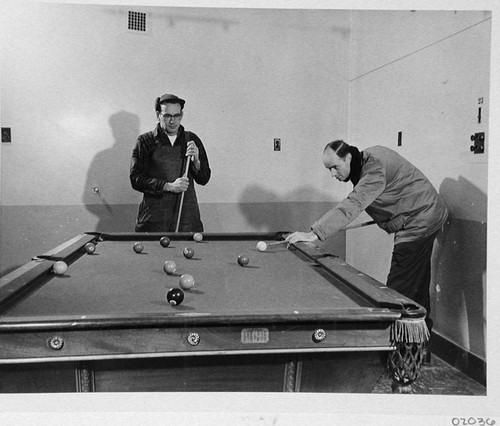 Bob Sears and Bill Baum in the 200-inch telescope billiard room, Palomar Observatory