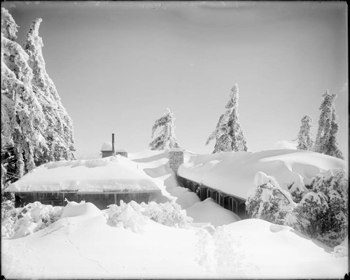 Monastery at Mount Wilson Observatory, under snowfall