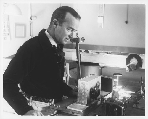 Joseph Hickox inside the 60-foot telescope tower, Mount Wilson Observatory