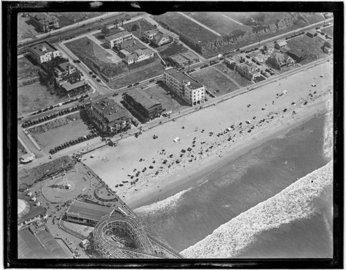 Aerial detail of Santa Monica Pier and beach south of pier